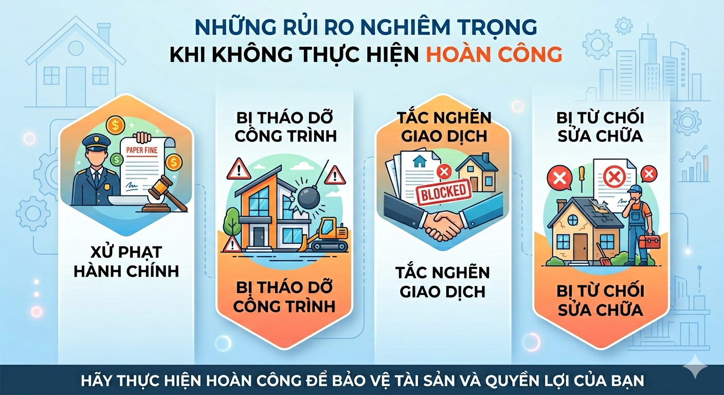 Dịch vụ hoàn công nhà ở trọn gói: Quy trình, hồ sơ và chi phí mới nhất để ra sổ hồng 2 Những rủi ro khi không hoàn công nhà ở