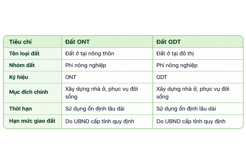 Đất ở tại nông thôn là gì và các quy định sử dụng đất 2 Bảng so sánh đất ở tại nông thôn (ONT) và đất ở tại đô thị (ODT) theo các tiêu chí cơ bản