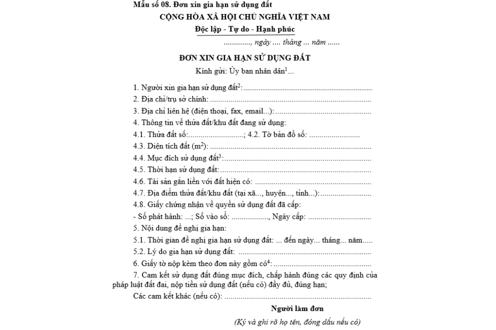Đơn xin gia hạn sử dụng đất